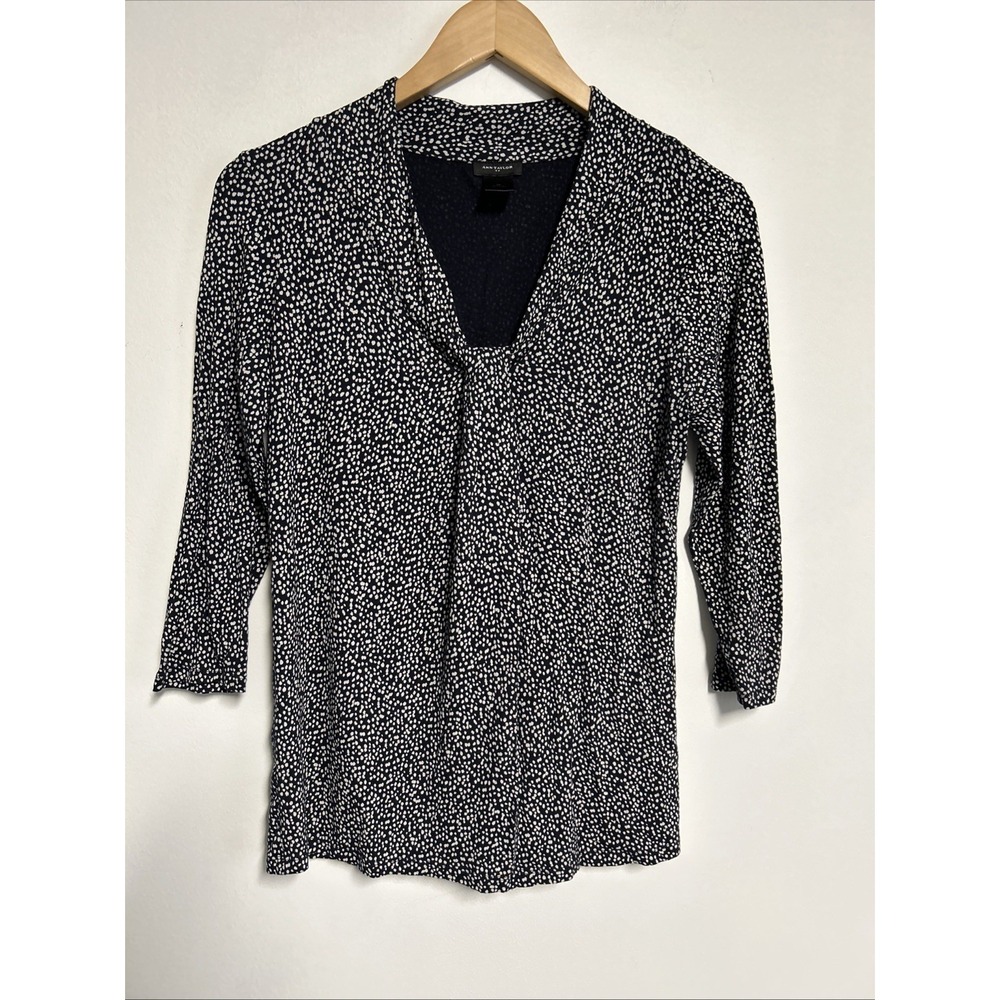 Ann Taylor Women's M Black Gray Geometric Print Pullover Top Stretch‎ V Neck